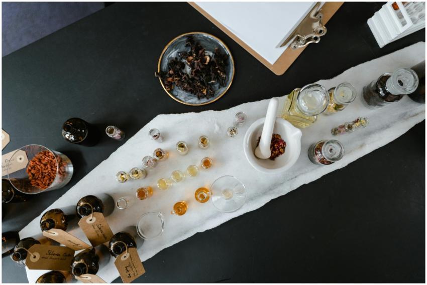 Overhead view of an aromatherapy setup with glass
