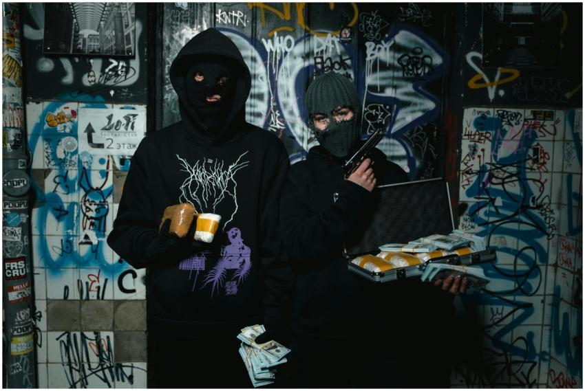 Two masked individuals holding cash, gun, and brie