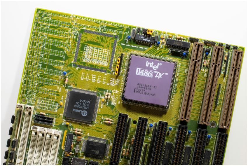 Close-up view of a vintage Intel i486 DX motherboa