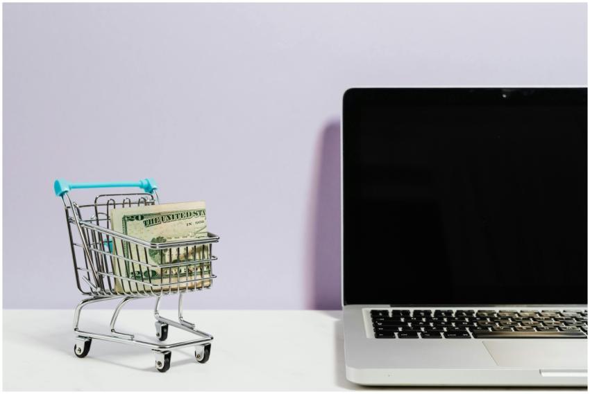 Shopping cart with money next to a laptop symboliz