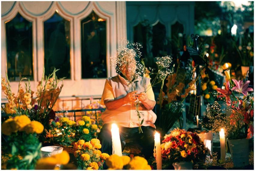 A vibrant scene showing an elderly person surround