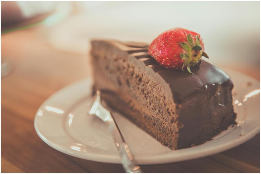 Close-up of a delectable chocolate cake slice topp