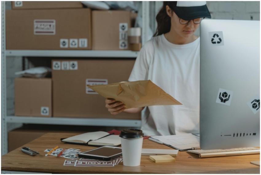 Woman sorting parcels at her desk in a logistics o