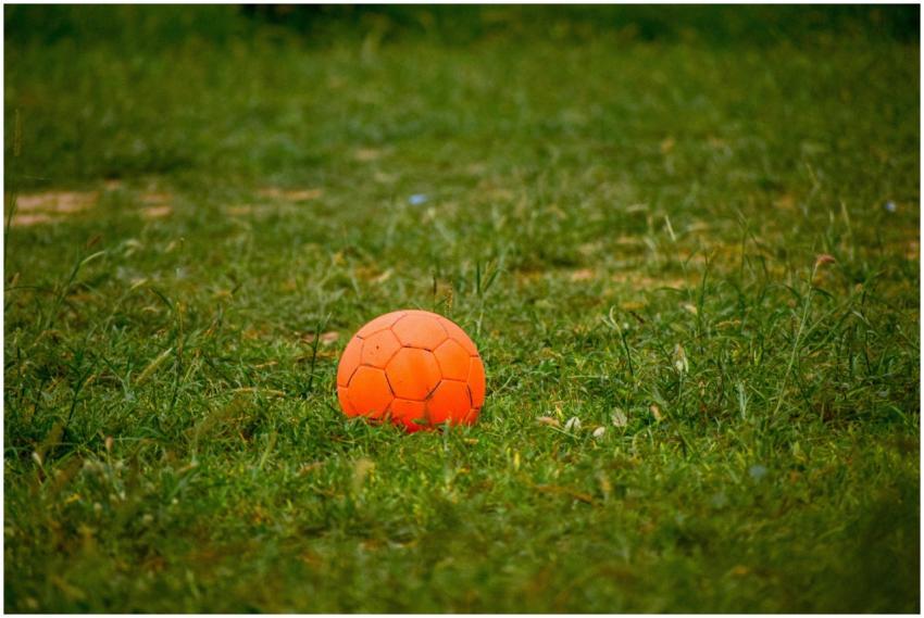 A vibrant orange soccer ball resting on a grass fi