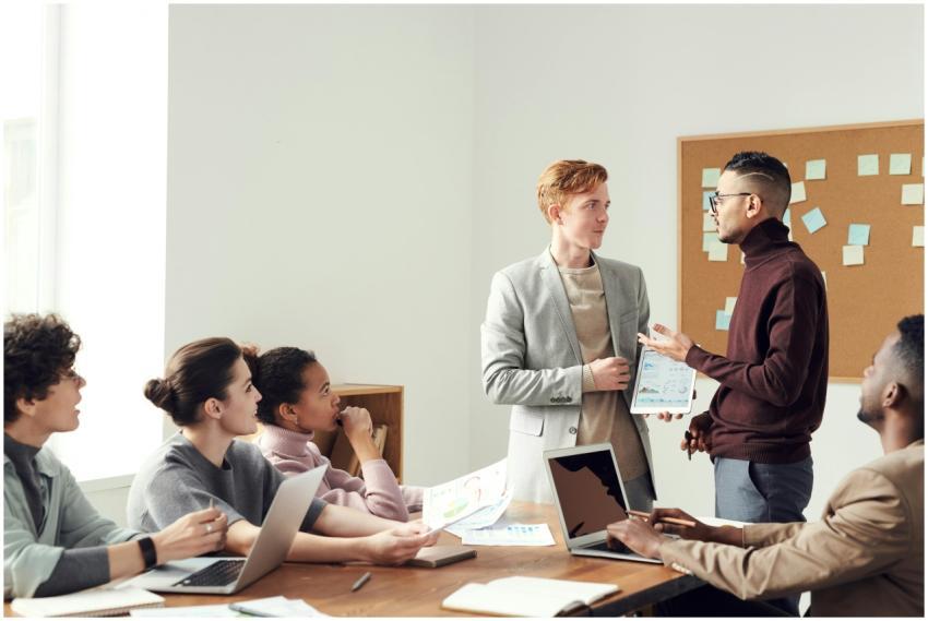 A group of professionals collaborating in a modern