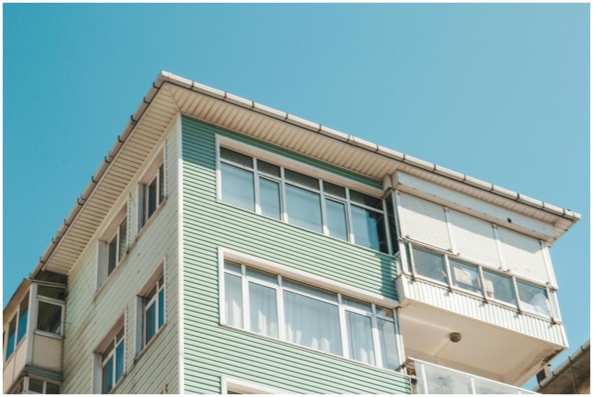 Low angle view of a modern apartment building exte