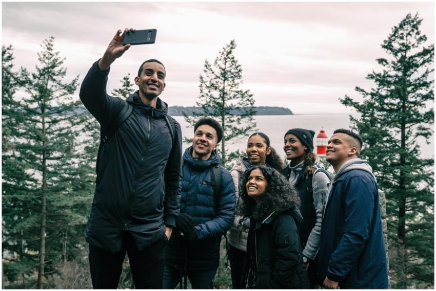A diverse group of friends enjoying a hiking adven