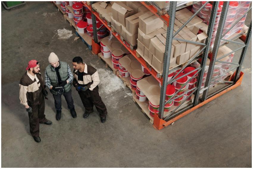 Three workers discussing logistics in a warehouse