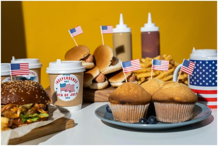 Festive display of American-themed food items for