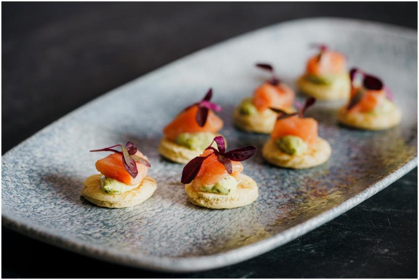 Exquisite salmon canapés elegantly presented, perf