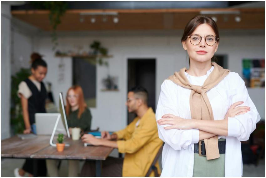 Confident businesswoman in a modern office space,