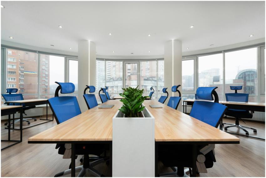Spacious conference room with blue office chairs a