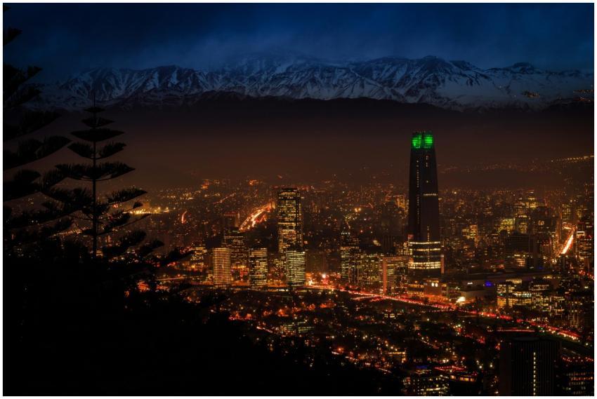 Beautiful night view of Santiago's skyline with th