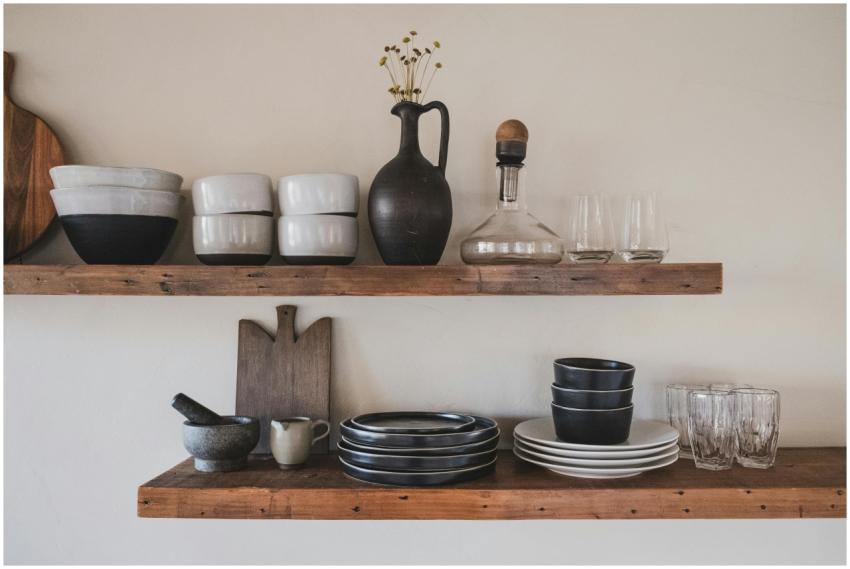 Stylish arrangement of ceramic bowls and glassware