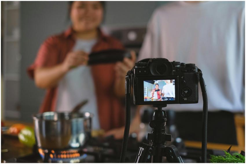 Behind-the-scenes setup of cooking video using a t