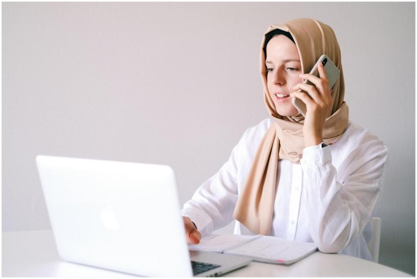Businesswoman in hijab multitasking with laptop an