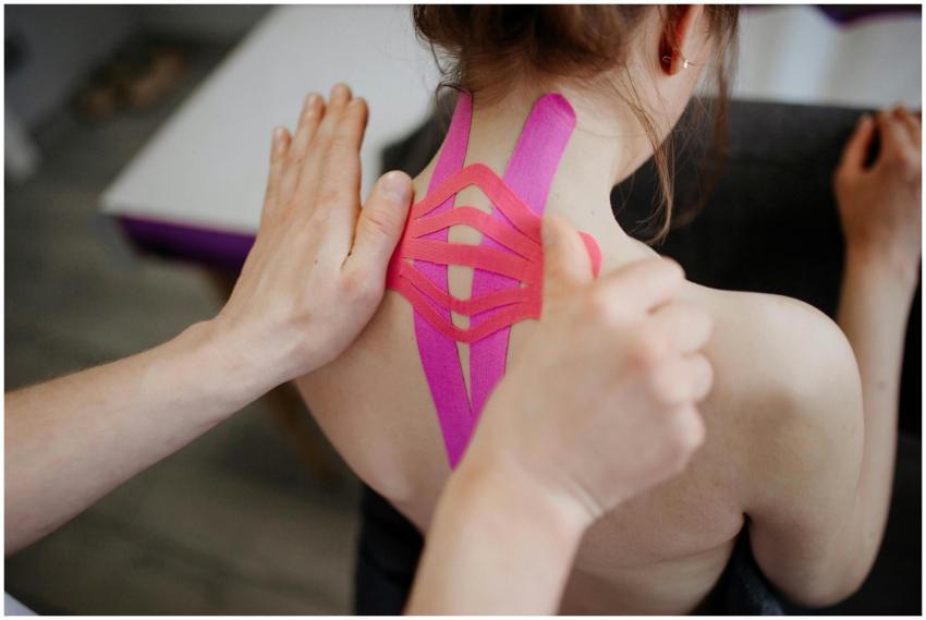 A close-up image of kinesio tape being applied to
