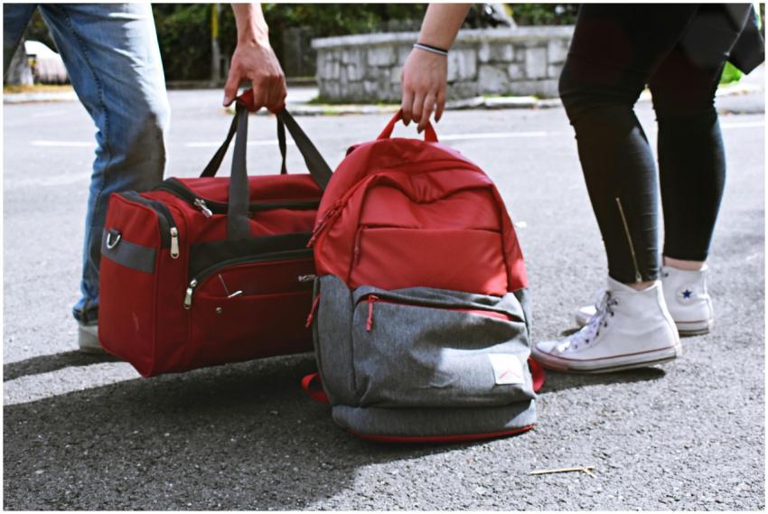 Two travelers holding red bags on a street, symbol