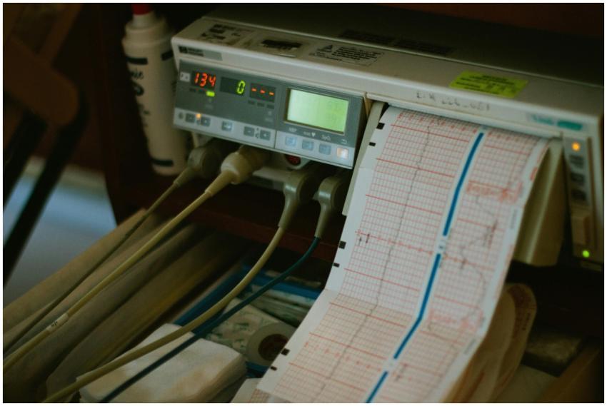 Close-up of an ECG machine displaying heart rate r