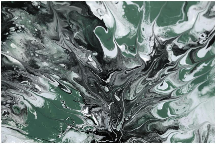 Fluid art featuring intricate green and black swir