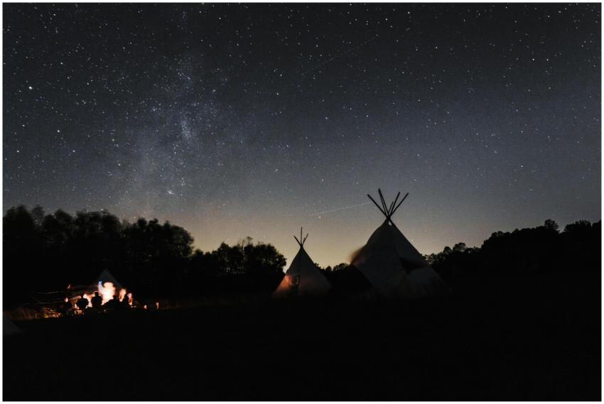 Starry night view of teepee camp in North Carolina