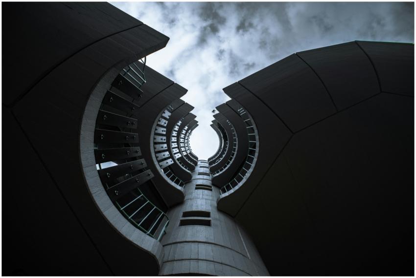 Dramatic low angle view of a modern circular tower