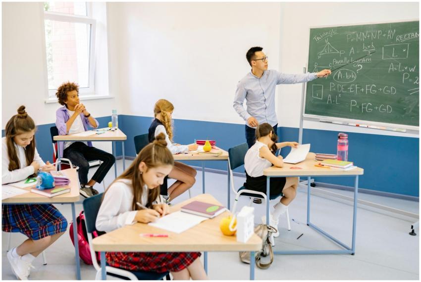 Diverse classroom with teacher discussing mathemat