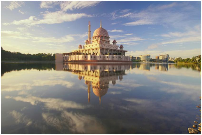 Beautiful scene of Putra Mosque reflecting on calm