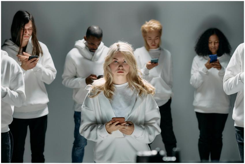 Diverse group of individuals engaging with smartph