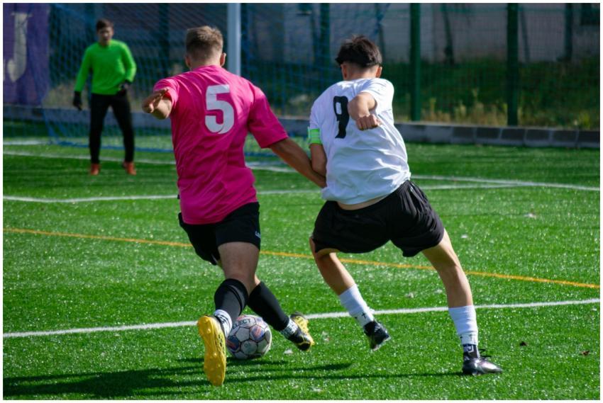 Action-packed soccer match with players competing