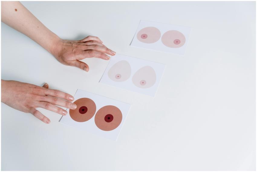 Hands arranging breast anatomy illustrations for a