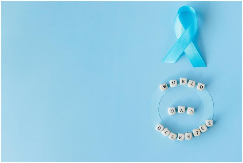 Flat lay of blue ribbon and letter blocks spelling