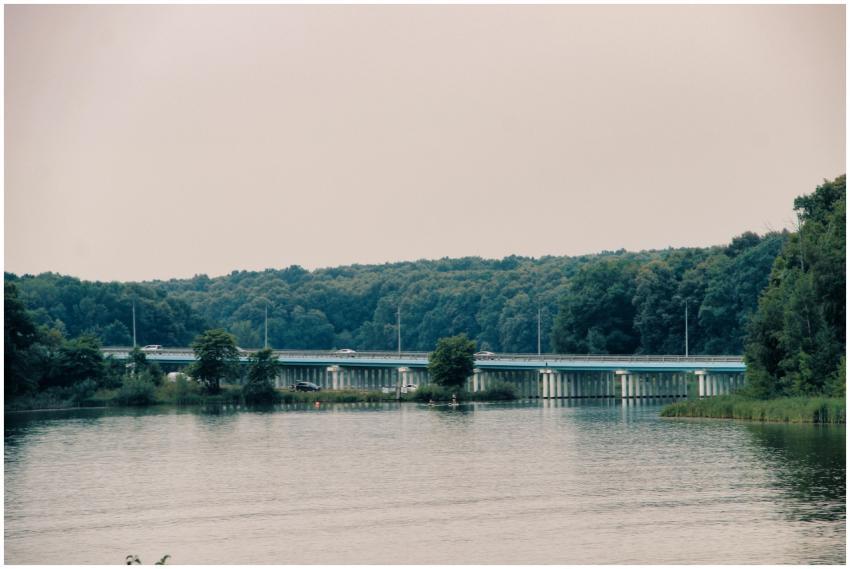 Serene landscape of a bridge crossing a tranquil r
