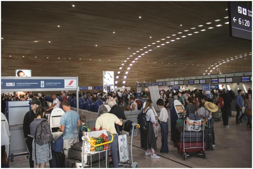 Crowded airport terminal with travellers in line.