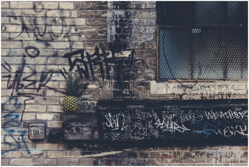 Grunge-style graffiti on an urban brick wall featu