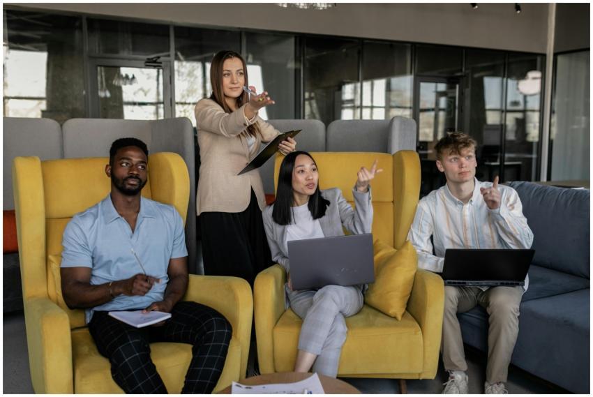 A diverse group collaborating in a modern office s