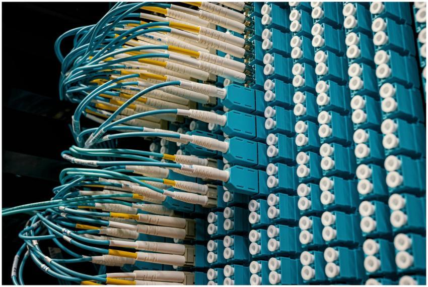 Detailed view of fiber optic patch cables connecti