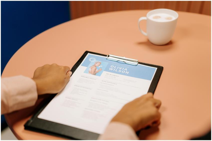 Close-up of hands holding resume during interview