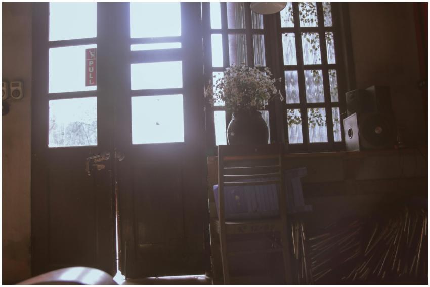 Warm vintage indoor scene featuring sunlight strea