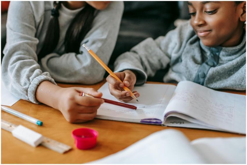 Two kids study together, focused on homework with