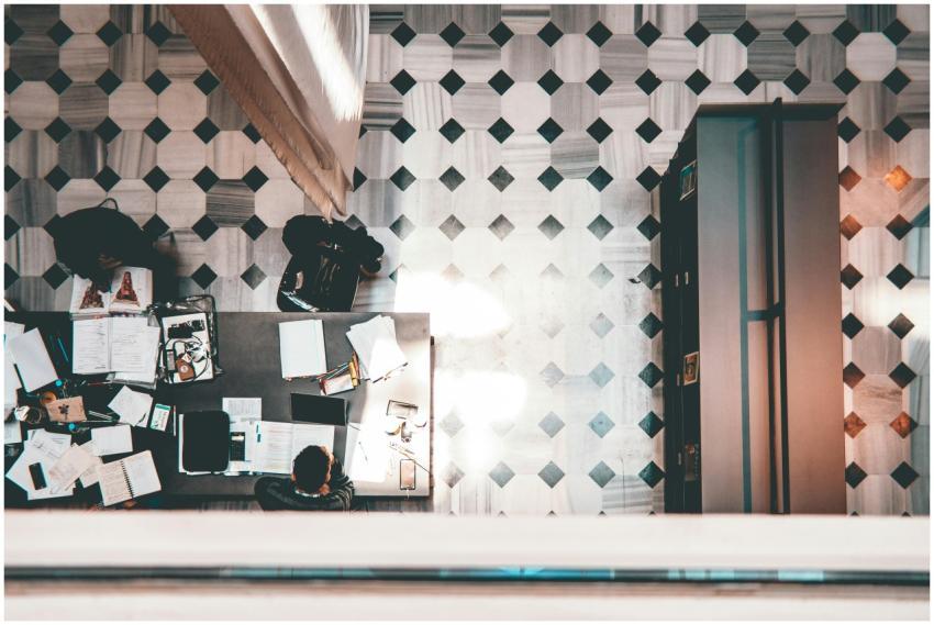 High-angle shot of a modern workspace with people