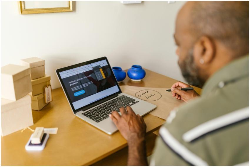 Entrepreneur at a desk using a laptop for business