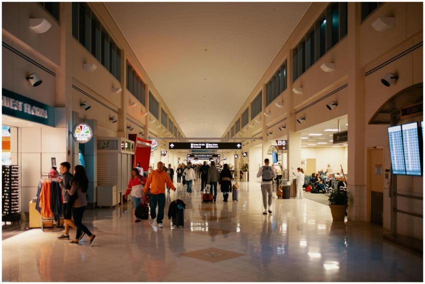 Crowds navigating a bright and busy airport termin