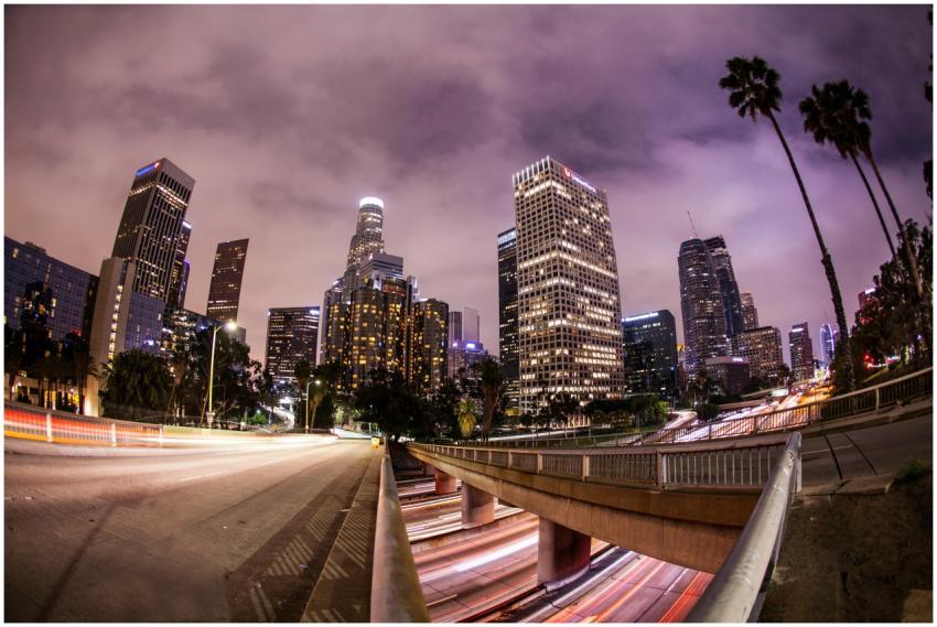 Long exposure of bustling downtown Los Angeles sky