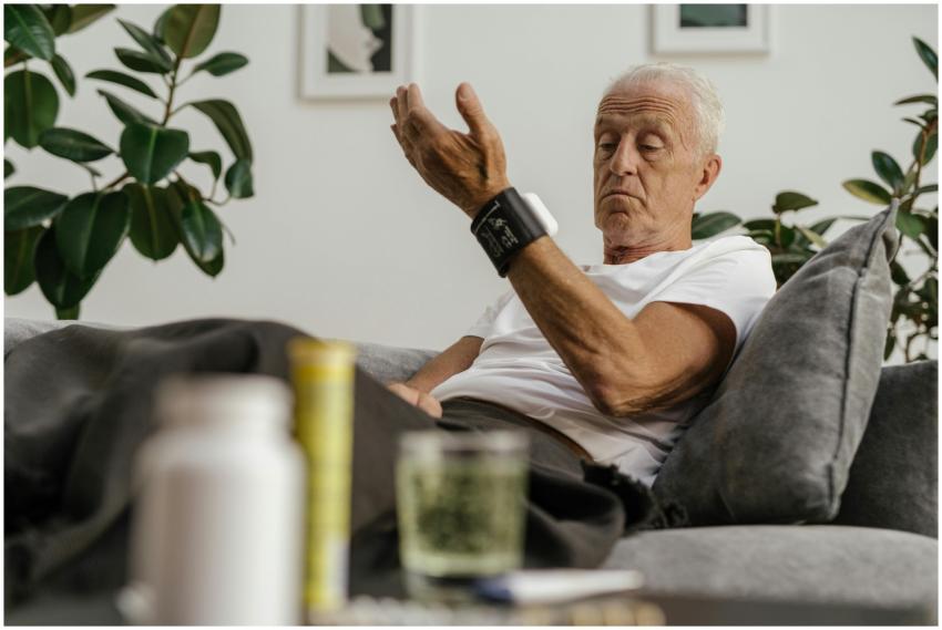 Elderly man checks his blood pressure using a wris
