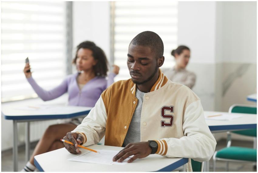 A student concentrating on an exam in a classroom