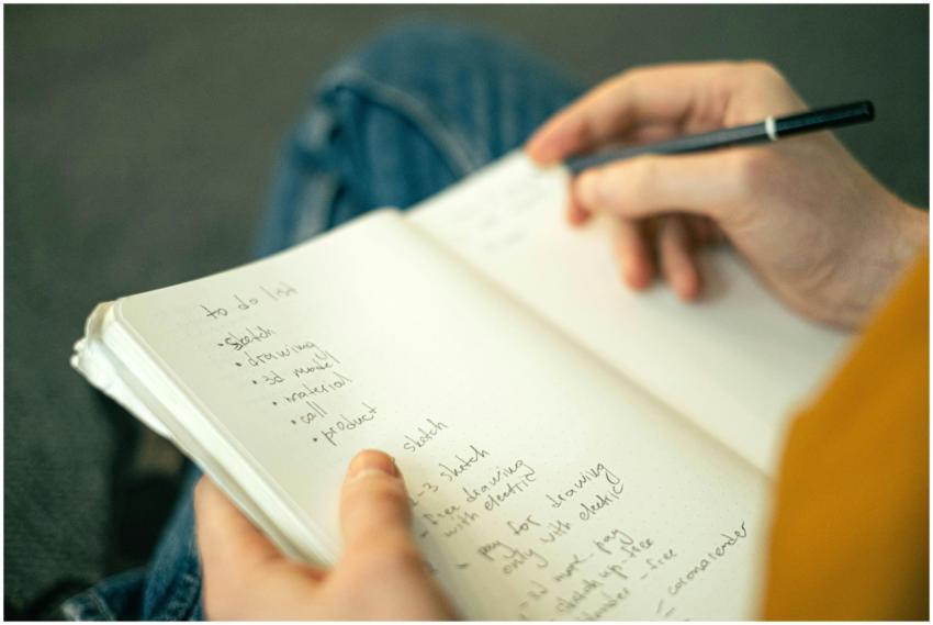 Close-up of a person taking notes in a notebook, w