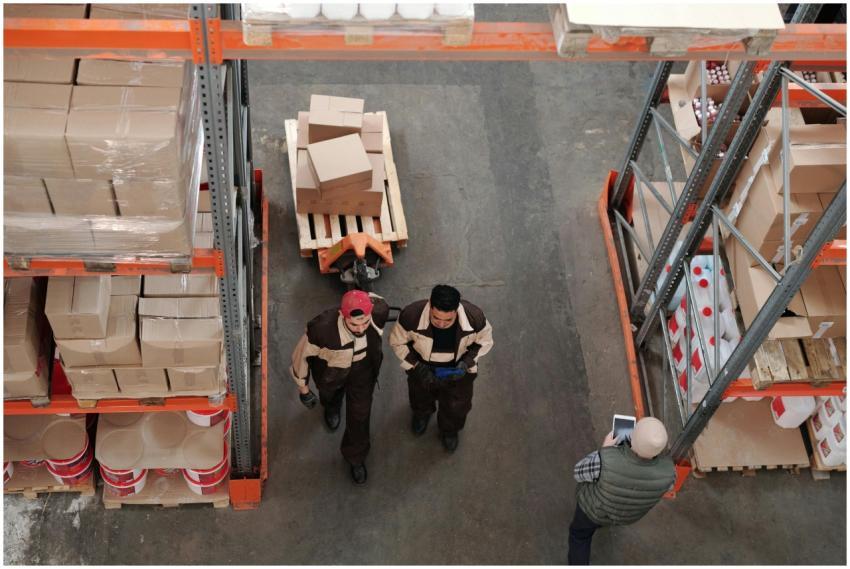 High angle view of warehouse workers organizing an