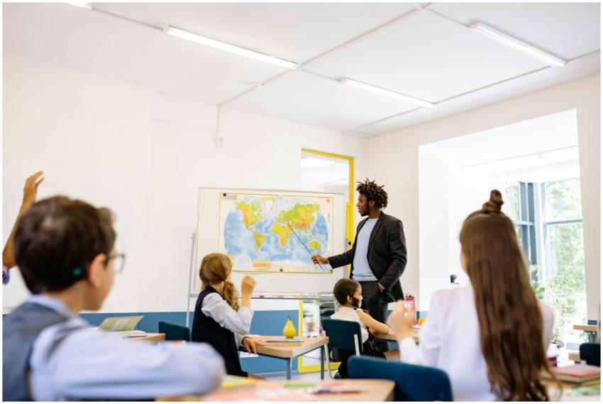 Teacher guiding an interactive classroom session w