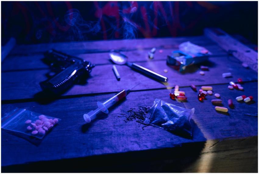 A moody scene displaying drugs, a gun, and smoke u